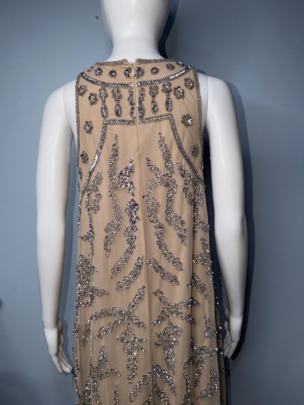 Embellished Taupe Sleeveless Shift Dress - Picture 8 of 13